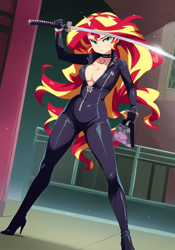 Size: 896x1280 | Tagged: safe, imported from derpibooru, sunset shimmer, human, equestria girls, absolute cleavage, ai content, ai generated, boots, breasts, catsuit, cleavage, clothes, female, generator:novelai, generator:stable diffusion, high heel boots, high heels, horn, horned humanization, humanized, katana, martial arts, shoes, solo, sword, weapon