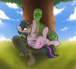 Size: 4544x4134 | Tagged: safe, artist:maretheory.exe, imported from derpibooru, twilight sparkle, oc, oc:anon, alicorn, human, pony, blushing, clothes, colored, comfy, cute, detailed background, drawthread, duo, female, holding a pony, looking at each other, looking at someone, lying down, male, man, mare, outdoors, shoes, sitting, sitting on grass, smiling, smiling at each other, straight, touching chin, tree, twiabetes, twilight sparkle (alicorn), under the tree, upside down