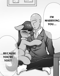 Size: 2812x3549 | Tagged: safe, artist:maretheory.exe, imported from derpibooru, octavia melody, oc, oc:anon, earth pony, human, blushing, crying, female, hug, human and pony, male, mare, monochrome, sitting, speech bubble, tears of joy