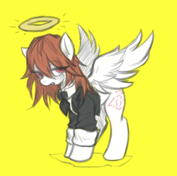 Size: 4004x3991 | Tagged: safe, artist:maretheory.exe, imported from derpibooru, pegasus, pony, angel (chainsaw man), anime, chainsaw man, clothes, expressionless face, futa, halo, herm, intersex, ponified, simple background, yellow background