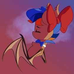 Size: 1600x1600 | Tagged: safe, artist:fakkajohan, imported from derpibooru, oc, oc only, oc:johan, bat pony, pony, bat pony oc, bat wings, bow, bowtie, bust, eyes closed, hair bow, male, solo, spread wings, wings