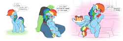 Size: 6268x2117 | Tagged: safe, artist:maretheory.exe, imported from derpibooru, rainbow dash, oc, oc:anon, human, pegasus, pony, angry, blushing, female, happy, long mane, looking at you, mare, pregnant, simple background, sitting, speech bubble, white background, wing hold, wings