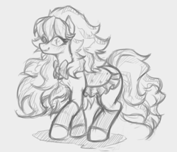 Size: 4811x4134 | Tagged: safe, artist:maretheory.exe, imported from derpibooru, candi (wild manes), looking at you, monochrome, saddle, simple background, sketch, smiling, solo, tack, white background, wild manes