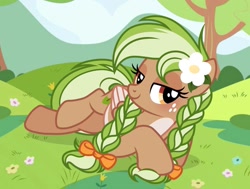 Size: 1611x1220 | Tagged: safe, artist:cstrawberrymilk, imported from derpibooru, oc, oc only, oc:sylvia evergreen, pegasus, pony, bangs, blue sky, bow, braid, braided pigtails, brown coat, coat markings, day, eyelashes, female, female oc, flower, flower in hair, freckles, gift art, grass, green mane, green tail, hair bow, lidded eyes, looking away, lying down, mare, mare oc, mountain, mountain range, orange bow, outdoors, pigtails, prone, screencap background, show accurate, smiling, solo, tail, three quarter view, tied mane, tree, two toned mane, two toned tail