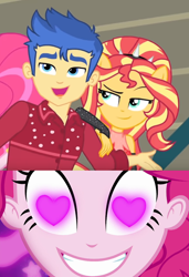 Size: 654x957 | Tagged: safe, edit, imported from derpibooru, flash sentry, pinkie pie, sunset shimmer, cheer you on, coinky-dink world, eqg summertime shorts, equestria girls, spoiler:eqg series (season 2), female, flashimmer, heart, heart eyes, male, meme, my little pony equestria girls: better together, my little pony equestria girls: summertime shorts, pinkie the shipper, pinkie's eyes, shipping, straight, wingding eyes