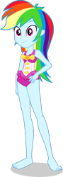 Size: 1460x4092 | Tagged: safe, alternate version, artist:dustinwatsongkx, imported from derpibooru, rainbow dash, human, equestria girls, accessory swap, bare shoulders, barefoot, blue skin, clothes, clothes swap, feet, female, grin, hand down, hand on hip, jewelry, multicolored hair, one-piece swimsuit, pink eyes, pinkie pie swimsuit, rainbow hair, simple background, skirt, sleeveless, smiling, solo, swimsuit, swimsuit swap, transparent background, vector