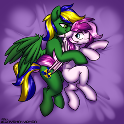 Size: 3000x3000 | Tagged: safe, artist:jedayskayvoker, imported from derpibooru, oc, oc:chacek, oc:plum taffy, bat pony, pegasus, pony, bed, cuddling, gay, hug, lying down, male, on bed, size difference, spooning, stallion, stallion on stallion, wings