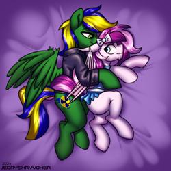 Size: 3000x3000 | Tagged: safe, artist:jedayskayvoker, imported from derpibooru, oc, oc:chacek, oc:plum taffy, bat pony, pegasus, pony, bed, bow, clothes, crossdressing, cuddling, gay, hair bow, hug, lying down, male, on bed, shirt, size difference, skirt, spooning, stallion, stallion on stallion, wings