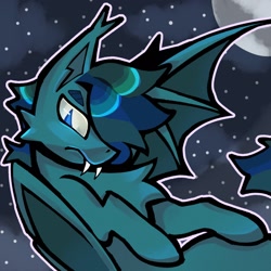 Size: 1280x1280 | Tagged: safe, artist:sharktempo, imported from derpibooru, oc, oc only, bat pony, pony, bat pony oc, bat wings, blue coat, fangs, moon, night, outline, solo, stars, unamused, white outline, wings