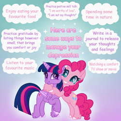 Size: 894x894 | Tagged: safe, artist:faelingmagic, imported from derpibooru, pinkie pie, twilight sparkle, alicorn, earth pony, pony, cute, diapinkes, duo, duo female, female, fluffy, gradient background, grin, hug, mare, my little pony, positive ponies, raised hoof, smiling, sweet dreams fuel, text, twiabetes, twilight sparkle (alicorn), unshorn fetlocks, wholesome