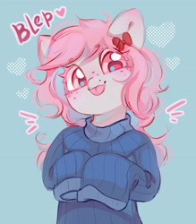 Size: 2362x2692 | Tagged: safe, artist:melodylibris, imported from derpibooru, oc, oc only, oc:krista pebble, earth pony, pony, :p, bow, bust, clothes, cute, female, freckles, hair bow, heart, light blue background, looking at you, mare, ocbetes, simple background, smiling, smiling at you, solo, sweater, tongue out