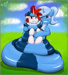 Size: 1818x2000 | Tagged: safe, artist:triksa, imported from derpibooru, oc, oc only, oc:ryoku memori, oc:triksa, lamia, original species, pony, snake, unicorn, coils, grass, grin, happy, horn, hug, one eye closed, simple background, smiling, tail, tail wrap, wrapped up