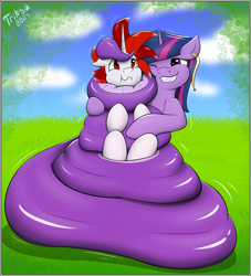 Size: 1818x2000 | Tagged: safe, alternate version, artist:triksa, imported from derpibooru, twilight sparkle, oc, oc:ryoku memori, lamia, original species, pony, snake, unicorn, alternate character, canon x oc, coils, grass, grin, happy, horn, hug, lamiafied, one eye closed, simple background, smiling, species swap, tail, tail wrap, wrapped up