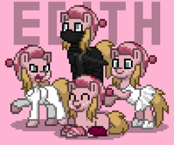 Size: 404x336 | Tagged: safe, imported from derpibooru, oc, oc only, earth pony, pony, pony town, ballet, blank flank, blonde, blonde mane, blonde tail, clothes, cute, despicable me, digital art, edith gru, female, freckles, group, karate, leggings, mane, ninja, pink, pink background, pink body, pixel art, ponified, quartet, simple background, tail