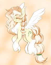 Size: 3048x3888 | Tagged: safe, artist:neoncel, imported from derpibooru, oc, oc only, oc:vanilla dew drop, pegasus, pony, coat markings, flying, hairband, socks (coat markings), solo