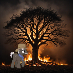 Size: 500x500 | Tagged: safe, edit, edited screencap, imported from derpibooru, screencap, burnt oak, the perfect pear, ai assisted, ai content, ai generated, fire, generator:hotpot.ai, male, my little pony, namesake, pun, solo, stallion, tree, visual pun