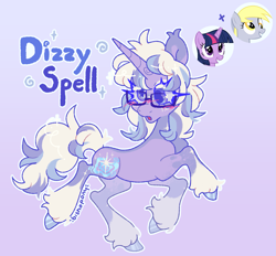 Size: 2153x1995 | Tagged: safe, artist:bishopony, imported from derpibooru, derpy hooves, twilight sparkle, oc, oc:dizzy spell, pegasus, pony, unicorn, blush scribble, blushing, coat markings, colored pupils, female, freckles, fusion, fusion:derpy hooves, fusion:twilight sparkle, glasses, gradient background, horn, long eyelashes, mare, name, signature, socks (coat markings), solo, sparkles, standing, standing on one leg, unshorn fetlocks