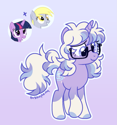 Size: 917x977 | Tagged: safe, artist:bishopony, imported from derpibooru, derpy hooves, twilight sparkle, oc, oc:dizzy spell, pegasus, pony, unicorn, coat markings, colored hooves, female, fusion, fusion:derpy hooves, fusion:twilight sparkle, glasses, gradient background, hooves, horn, mare, show accurate, signature, socks (coat markings), solo, wall eyed