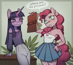 Size: 2943x2649 | Tagged: safe, artist:saturn cat, imported from derpibooru, pinkie pie, twilight sparkle, anthro, earth pony, unicorn, bare shoulders, book, border, bracelet, choker, clothes, confused, dialogue, duo, duo female, ear piercing, earring, female, fishnet clothing, fishnets, high res, horn, jewelry, mare, necklace, no pupils, off shoulder, off shoulder sweater, open book, pants, piercing, plant, signature, skirt, smiling, socks, speech bubble, sprinkles in hair, sprinkles in tail, stockings, sweater, tail, thigh highs