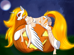 Size: 2000x1500 | Tagged: safe, artist:renarde-louve, imported from derpibooru, daybreaker, alicorn, pony, butt, daybutt, dock, female, lying down, mare, nightmare night, on pumpkin, plot, pumpkin, solo, tail