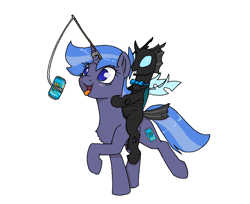 Size: 922x754 | Tagged: safe, artist:mileslancer, imported from derpibooru, oc, oc:loki, oc:twinkleshine, changeling, pony, unicorn, drink, energy drink, horn, lure, male, monster energy, ms paint, riding, silly, silly pony, simple background, stick, string, tongue out