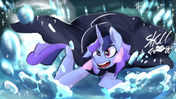 Size: 3840x2160 | Tagged: safe, artist:skullfroggy, imported from derpibooru, oc, oc only, oc:flawless sparklemoon, pony, unicorn, 4k, cape, clothes, female, fusion, fusion:trixie, fusion:twilight sparkle, fusion:twixie, hat, high res, horn, mare, my little pony the movie: the death of twilight sparkle, open mouth, open smile, signature, smiling, solo, starry eyes, top hat, wingding eyes