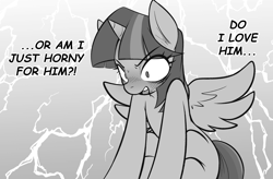 Size: 3479x2279 | Tagged: safe, artist:maretheory.exe, imported from derpibooru, twilight sparkle, alicorn, angry, blushing, female, grayscale, mare, monochrome, sitting, thinking, twilight sparkle (alicorn)