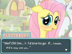 Size: 720x540 | Tagged: safe, artist:why485, imported from derpibooru, angel bunny, fluttershy, pegasus, pony, blushing, dating sim, text