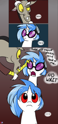 Size: 1000x2128 | Tagged: safe, artist:valcron, edit, imported from derpibooru, discord, dj pon-3, vinyl scratch, unicorn, cropped, horn, red eyes, speech bubble, vinyl's glasses