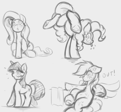 Size: 5639x5224 | Tagged: safe, artist:maretheory.exe, imported from derpibooru, fluttershy, pinkie pie, rainbow dash, twilight sparkle, earth pony, pegasus, unicorn, angry, female, grayscale, horn, legs in air, mare, monochrome, sketch, surprised, tongue out, towel, wet