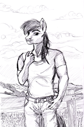 Size: 2177x3281 | Tagged: safe, artist:ciaran, derpibooru exclusive, imported from derpibooru, big macintosh, anthro, earth pony, belt, clothes, cloud, fence, field, flower, hill, looking at you, male, monochrome, pants, pen drawing, shirt, simple background, smiling, t-shirt, traditional art, tree, white background