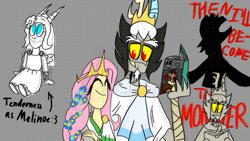 Size: 640x360 | Tagged: safe, artist:lianatheowl, idw, imported from derpibooru, discord, fluttershy, oc, oc:melinoe, hybrid, pony, blue eyes, book, clothes, crown, discoshy, dress, female, greek, greek clothes, greek mythology, hades, husband and wife, interspecies offspring, jewelry, male, my little pony classics reimagined: the odyssey, offspring, parent:discord, parent:fluttershy, parents:discoshy, persephone, regalia, shipping, snaggletooth, straight