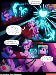 Size: 3540x4757 | Tagged: safe, artist:lummh, artist:whitequartztheartist, imported from derpibooru, princess cadance, princess celestia, shining armor, smarty pants, twilight sparkle, alicorn, pony, unicorn, comic:the princess of love, absurd resolution, comic, crown, doll, female, filly, filly twilight sparkle, foal, heart, horn, jewelry, magic, male, mare, mirror, regalia, singing, speech bubble, stallion, teen princess cadance, toy, unicorn twilight, younger