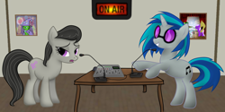 Size: 1792x896 | Tagged: safe, artist:zonra, imported from derpibooru, dj pon-3, octavia melody, vinyl scratch, oc, earth pony, pony, unicorn, 2011, fanfic, horn, microphone, old art, radio show, vinyl's glasses