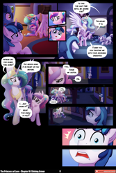 Size: 3540x5309 | Tagged: safe, artist:lummh, artist:whitequartztheartist, imported from derpibooru, night light, princess cadance, princess celestia, shining armor, twilight velvet, alicorn, pony, unicorn, comic:the princess of love, absurd resolution, comic, crown, crying, female, hoof shoes, horn, jewelry, male, mare, peytral, princess shoes, regalia, sparkles, sparkly mane, sparkly tail, speech bubble, stallion, tail, teen princess cadance, younger