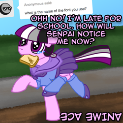 Size: 800x800 | Tagged: safe, artist:thedragenda, imported from derpibooru, oc, oc:ace, earth pony, pony, ask-acepony, bread, clothes, female, food, mare, mouth hold, schoolgirl toast, skirt, solo, toast