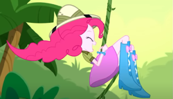 Size: 699x399 | Tagged: safe, imported from derpibooru, screencap, pinkie pie, human, eqg summertime shorts, equestria girls, the canterlot movie club, cropped, female, forest, hat, jungle, my little pony equestria girls: summertime shorts, nature, outdoors, pith helmet, swinging, tree, vine