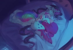 Size: 2048x1407 | Tagged: safe, artist:piesinful, imported from derpibooru, rarity, pony, unicorn, comic:unlucky day, fanfic:cupcakes, bed, butt, clothes, crying, dress, female, floppy ears, gala dress, horn, in bed, lying down, makeup, mare, on side, plot, rearity, running makeup, solo