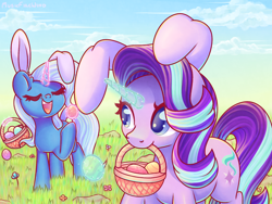 Size: 1600x1200 | Tagged: safe, artist:wavecipher, imported from derpibooru, starlight glimmer, trixie, pony, unicorn, basket, cloud, duo, duo female, easter, easter basket, easter egg, eyes closed, female, glowing, glowing horn, grass, holiday, horn, levitation, magic, magic aura, mare, open mouth, outdoors, raised hoof, sky, tail, telekinesis