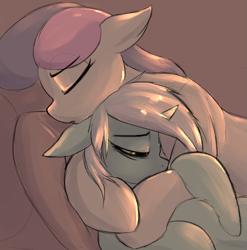 Size: 1293x1311 | Tagged: safe, artist:candel, imported from derpibooru, bon bon, lyra heartstrings, sweetie drops, earth pony, pony, unicorn, bags under eyes, cuddling, eyes closed, female, horn, hug, lesbian, lyrabon, mare, sad, shipping