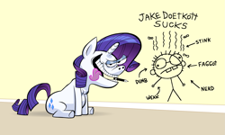 Size: 2279x1370 | Tagged: safe, artist:hotdiggedydemon, imported from twibooru, rarity, pony, unicorn, belly, breasts, butt, doodle, fat, female, glasses, holding object, horn, horn boner, human breasts on pony, image, insult, looking at you, mare, object in mouth, pen, plot, png, sitting, solo, text, tongue out, vulgar, wall writing