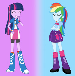 Size: 1280x1287 | Tagged: safe, imported from derpibooru, rainbow dash, twilight sparkle, human, equestria girls, boots, clothes, clothes swap, compression shorts, equestria girls outfit, high heel boots, jacket, rainbow dash always dresses in style, rainbow dash boots, rainbow dash's skirt, rainbow socks, shirt, shoes, skirt, sneakers, socks, striped socks, twilight sparkle's skirt, vest, wristband