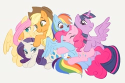 Size: 2048x1361 | Tagged: safe, artist:waackery, imported from derpibooru, applejack, fluttershy, pinkie pie, rainbow dash, rarity, twilight sparkle, alicorn, earth pony, pegasus, pony, unicorn, eyes closed, female, group, group hug, horn, hug, lidded eyes, mane six, mare, sextet, smiling, twilight sparkle (alicorn)