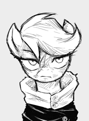 Size: 1671x2258 | Tagged: safe, artist:maretheory.exe, imported from derpibooru, scootaloo, pony, anime, expressionless face, female, filly, jujutsu kaisen, looking at you, monochrome, ponified, solo