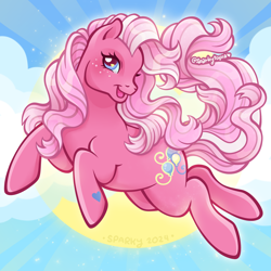 Size: 2400x2400 | Tagged: safe, artist:sparkytopia, imported from derpibooru, pinkie pie (g3), earth pony, pony, blue eyes, cloud, freckles, g3, looking at you, open mouth, open smile, pink coat, pink mane, signature, smiling, solo