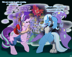 Size: 3823x3025 | Tagged: safe, artist:catmonkshiro, imported from derpibooru, starlight glimmer, trixie, oc, oc:virmir, human, pony, unicorn, alicorn amulet, dialogue, disappearing clothes, duo, furry, furry to pony, high res, horn, human to pony, portal, transformation