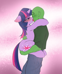 Size: 3695x4436 | Tagged: safe, artist:maretheory.exe, imported from derpibooru, twilight sparkle, oc, oc:anon, human, pony, unicorn, blushing, colored, female, french kiss, holding a pony, horn, kissing, lidded eyes, male, mare