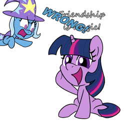 Size: 900x900 | Tagged: safe, artist:unitxxvii, imported from derpibooru, trixie, twilight sparkle, pony, unicorn, boast busters, dialogue, duo, duo female, female, frown, mare, my little pony, open mouth, open smile, simple background, smiling, unicorn twilight, waving, waving at you, white background