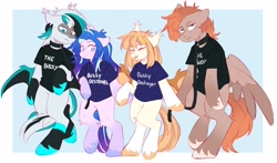 Size: 4096x2408 | Tagged: safe, artist:cheekipone, oc, oc only, oc:honey milk, oc:jarvis yarbrough, bat pony, pegasus, pony, semi-anthro, bat pony oc, bat wings, clothes, collar, ear piercing, ear tufts, eyes closed, female, floppy ears, hairclip, heterochromia, holding hooves, leash, male, mare, open smile, passepartout, pegasus oc, piercing, quartet, shirt, spread wings, stallion, t-shirt, text, unshorn fetlocks, wings