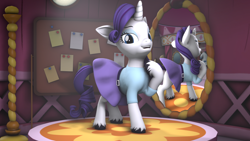 Size: 3840x2160 | Tagged: safe, artist:~stuffguy123, imported from derpibooru, part of a set, rarity, pony, unicorn, 3d, carousel boutique, clothes, dock, dress, equestria girls outfit, hoof on chest, horn, looking at you, mirror, source filmmaker, spotlight, tail, unshorn fetlocks